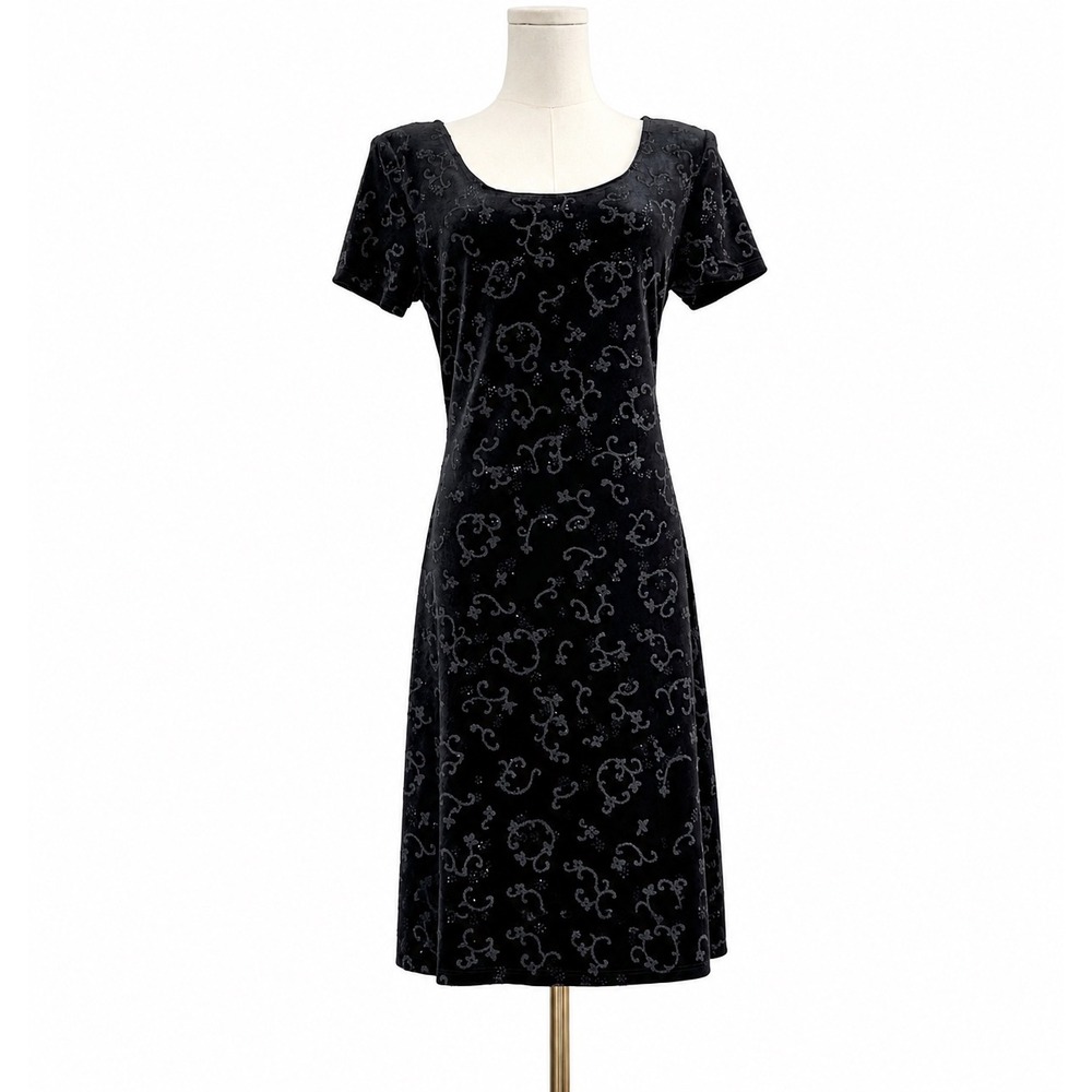 Vintage CDC 90s Black Velvet Floral Midi Dress 8 Whimsigoth Romantic Goth Y2K